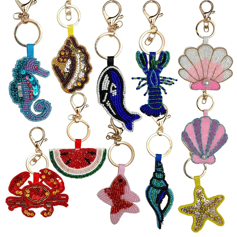 Decorative Sequin Embellished Crab, Shell, Conch, and Starfish Keychain with Rhinestones for Bag