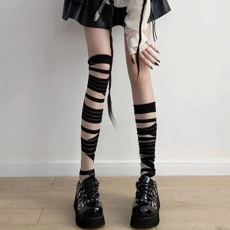 Ladies Striped Bandage Over-the-Knee Stockings, JK Lolita Y2K Style, Sexy Summer Hosiery, Long-Tube White Stockings