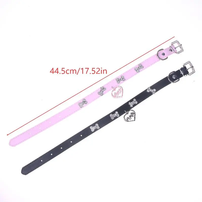 Trendy Y2K Style Rhinestones Dog Bone Chic Hollow Heart Charm Choker; Punk-inspired PU Leather Neckwear