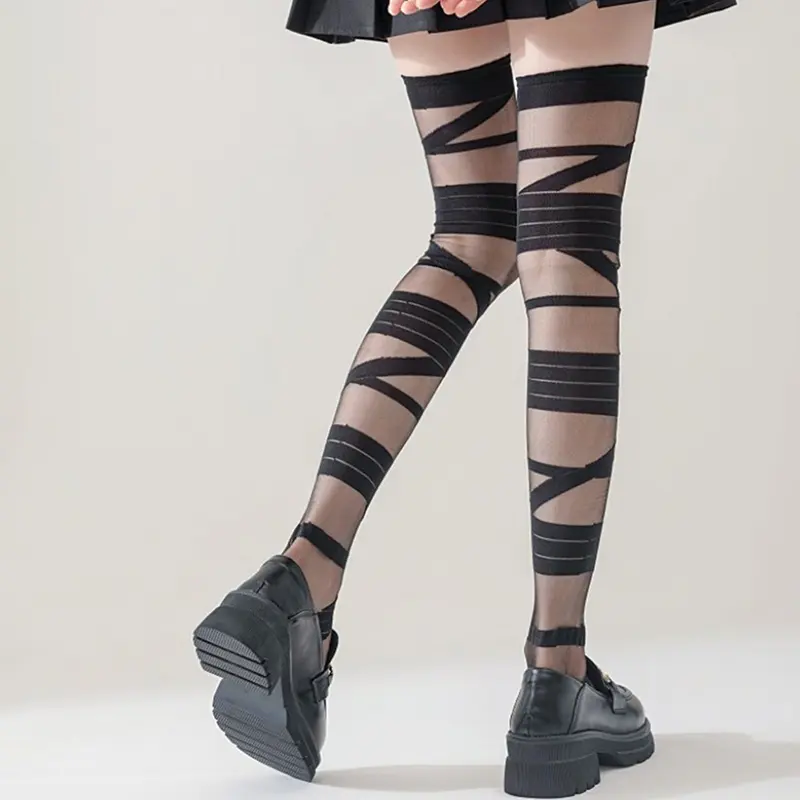 Ladies Striped Bandage Over-the-Knee Stockings, JK Lolita Y2K Style, Sexy Summer Hosiery, Long-Tube White Stockings