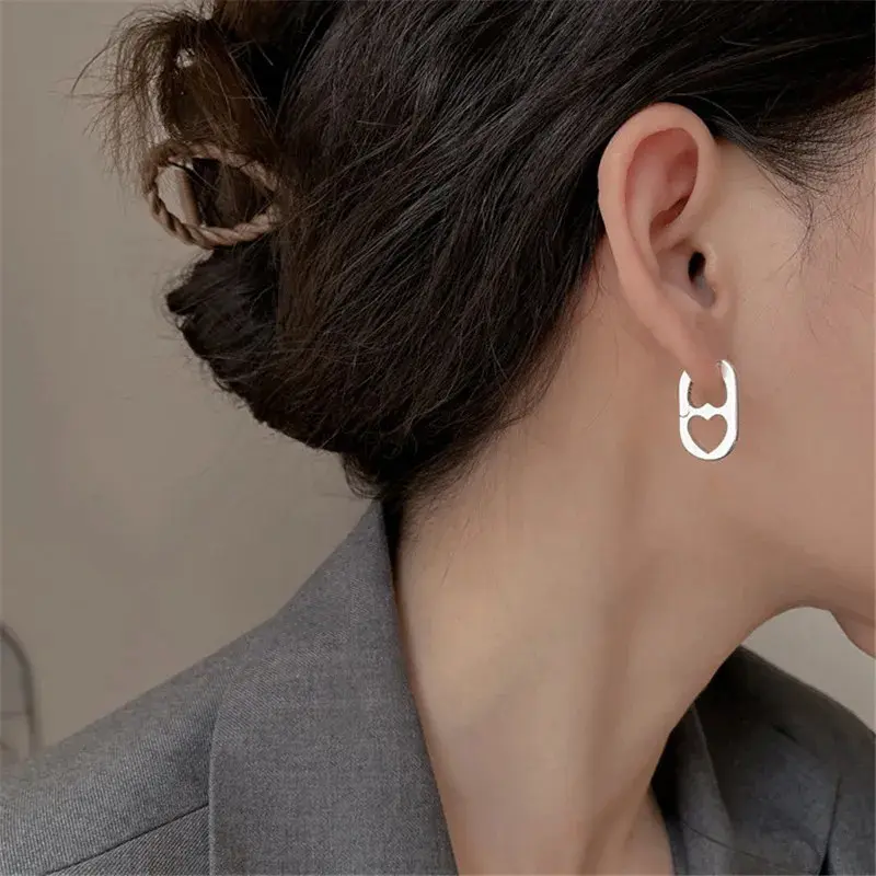 Silver Color Stainless Steel Hollow Heart Hoop Earrings For Women Girls Personality Korean Wedding Party Birthday Jewelry