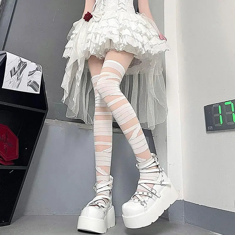 Ladies Striped Bandage Over-the-Knee Stockings, JK Lolita Y2K Style, Sexy Summer Hosiery, Long-Tube White Stockings