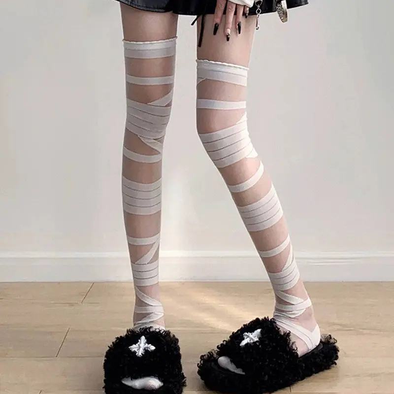 Ladies Striped Bandage Over-the-Knee Stockings, JK Lolita Y2K Style, Sexy Summer Hosiery, Long-Tube White Stockings