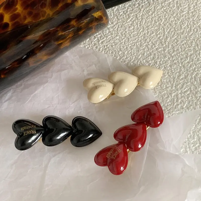 Vintage Peach Heart Duckbill Clip Three Little Hearts Hair Styling Girls Hairpins Wine Red DIY Hair Accessories For Women Girls