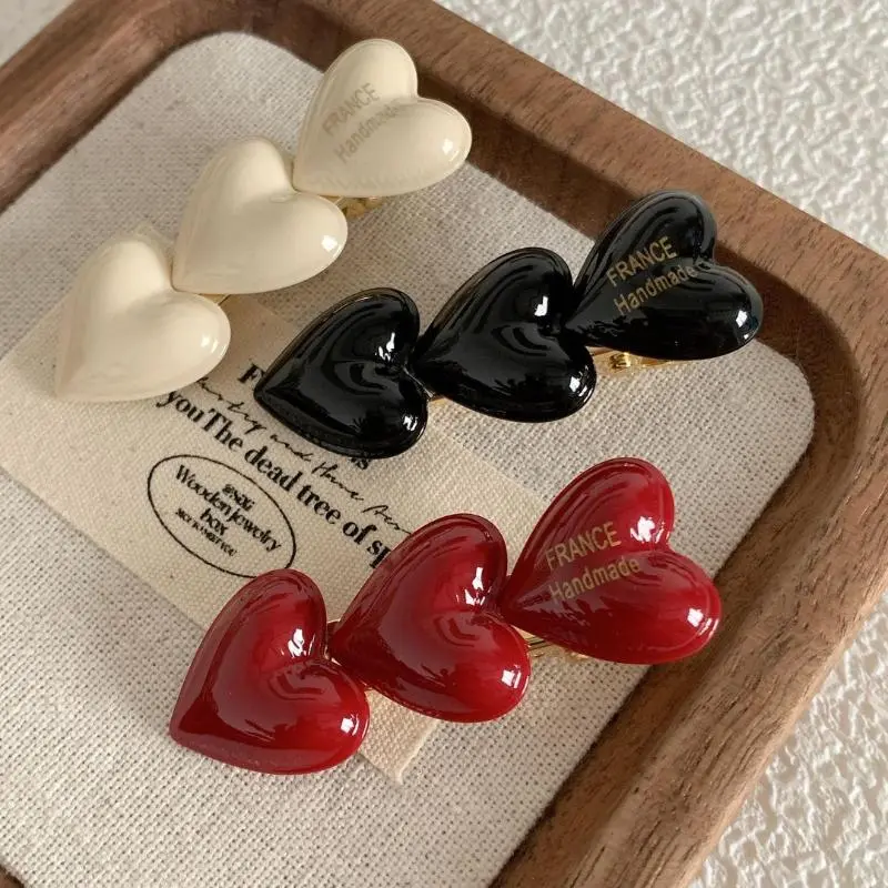 Vintage Peach Heart Duckbill Clip Three Little Hearts Hair Styling Girls Hairpins Wine Red DIY Hair Accessories For Women Girls