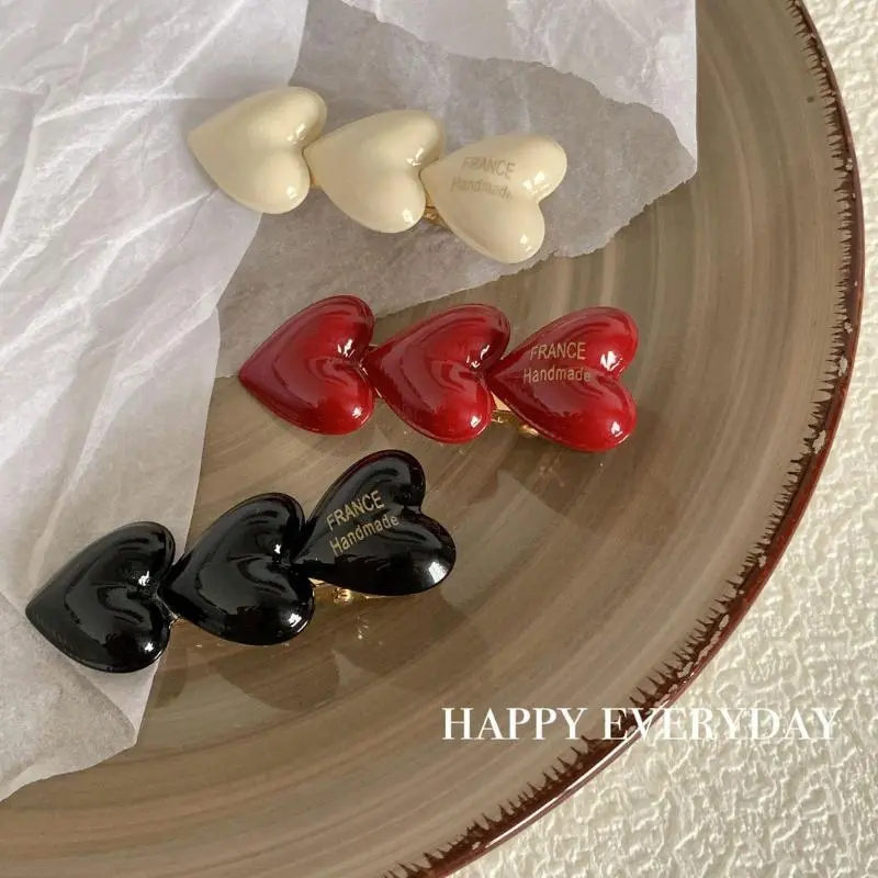 Vintage Peach Heart Duckbill Clip Three Little Hearts Hair Styling Girls Hairpins Wine Red DIY Hair Accessories For Women Girls