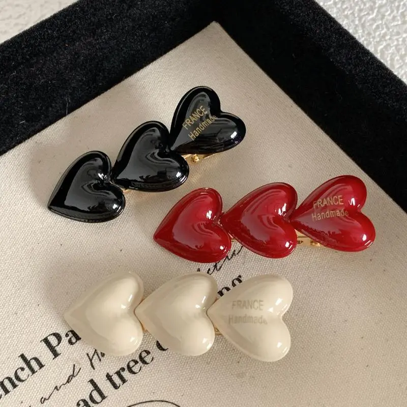 Vintage Peach Heart Duckbill Clip Three Little Hearts Hair Styling Girls Hairpins Wine Red DIY Hair Accessories For Women Girls