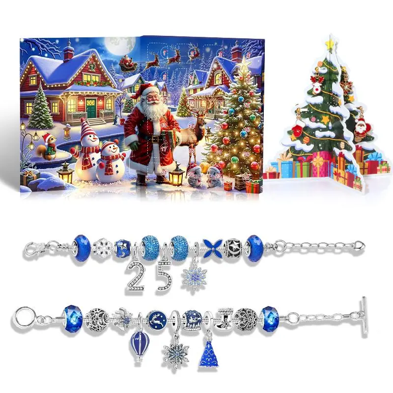Christmas Advent Calendar With 24 Grids Blue Countdown Box DIY Bracelet Making Kit Holiday Surprise Blind Gifts For Kids Party D