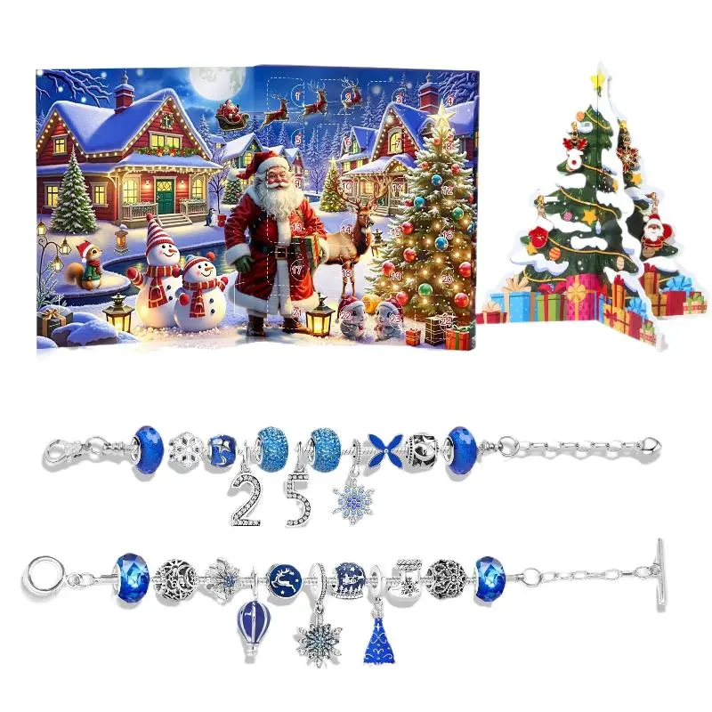 Christmas Advent Calendar With 24 Grids Blue Countdown Box DIY Bracelet Making Kit Holiday Surprise Blind Gifts For Kids Party D