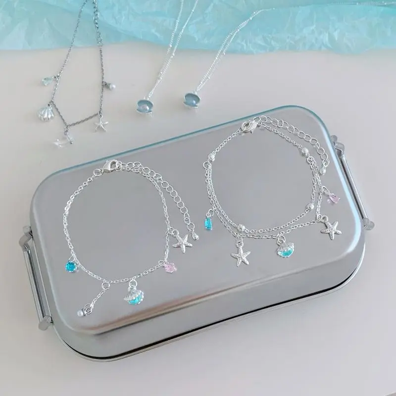 Summer Ocean Style Bracelet Charms Starfish Shell Pearl Diamond Double Layered Bracelet Necklace Fashion Minimalist Jewelry