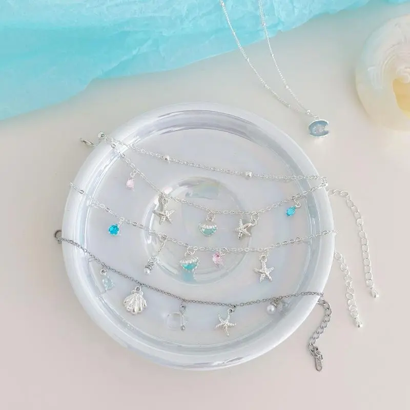 Summer Ocean Style Bracelet Charms Starfish Shell Pearl Diamond Double Layered Bracelet Necklace Fashion Minimalist Jewelry