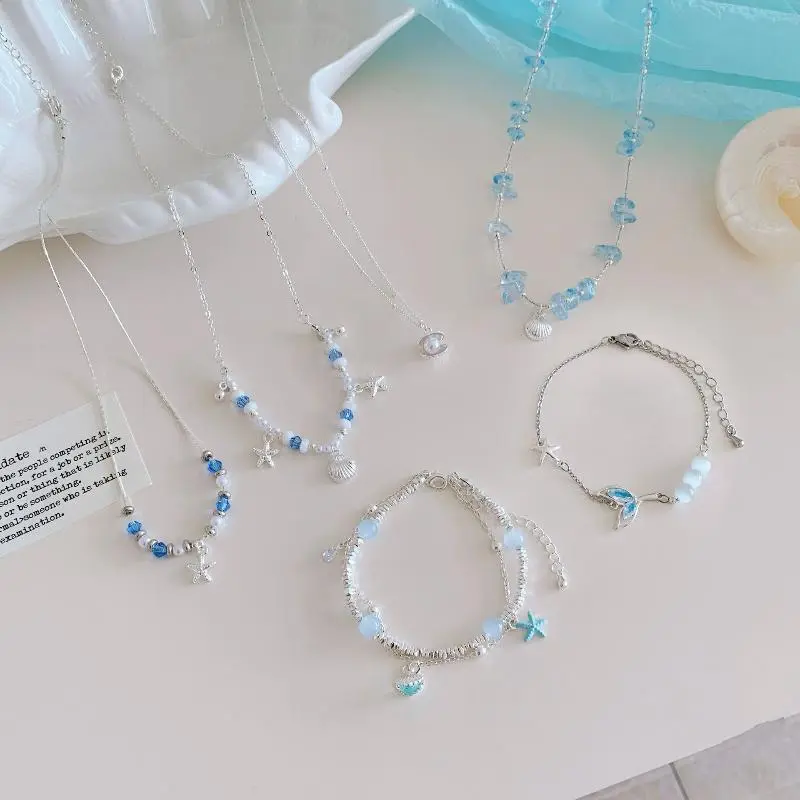 Summer Ocean Style Bracelet Charms Starfish Shell Pearl Diamond Double Layered Bracelet Necklace Fashion Minimalist Jewelry