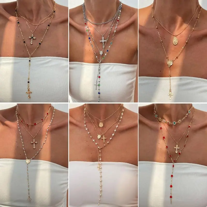 Deluxe Rhinestone Cross Pendant Necklace; Long, Hip-hop Inspired Accessory for Women and Girls in Vibrant Vintage Colors