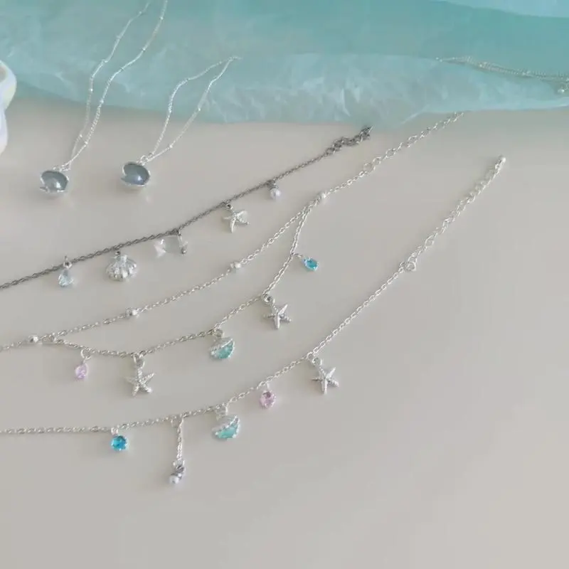 Summer Ocean Style Bracelet Charms Starfish Shell Pearl Diamond Double Layered Bracelet Necklace Fashion Minimalist Jewelry