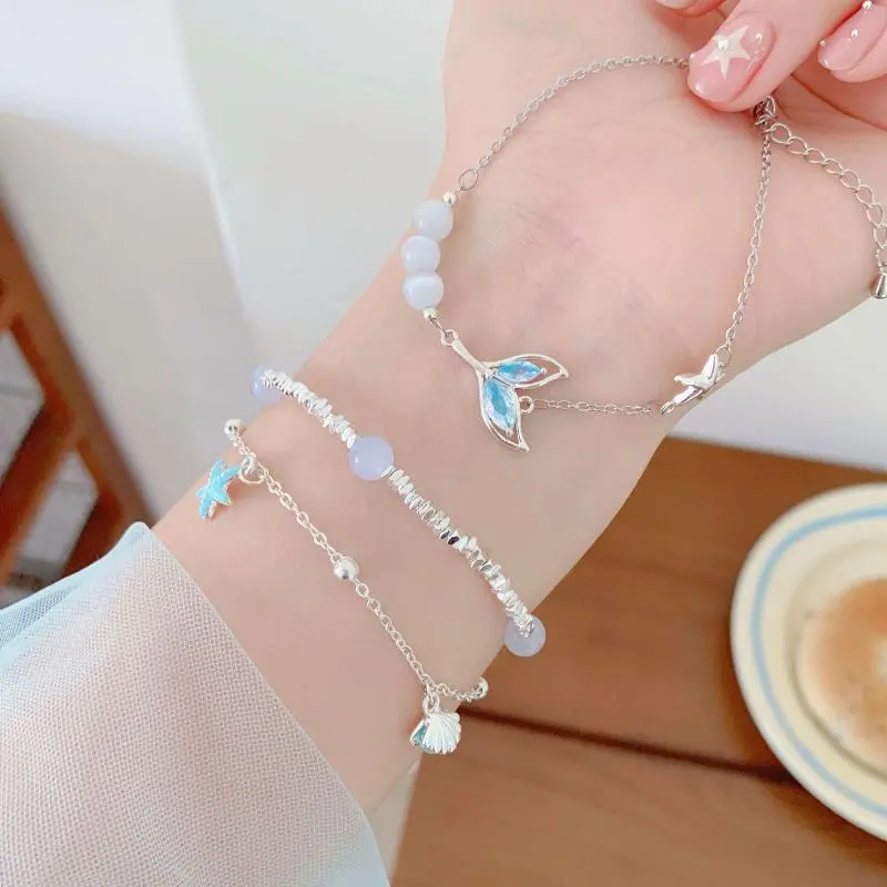 Summer Ocean Style Bracelet Charms Starfish Shell Pearl Diamond Double Layered Bracelet Necklace Fashion Minimalist Jewelry