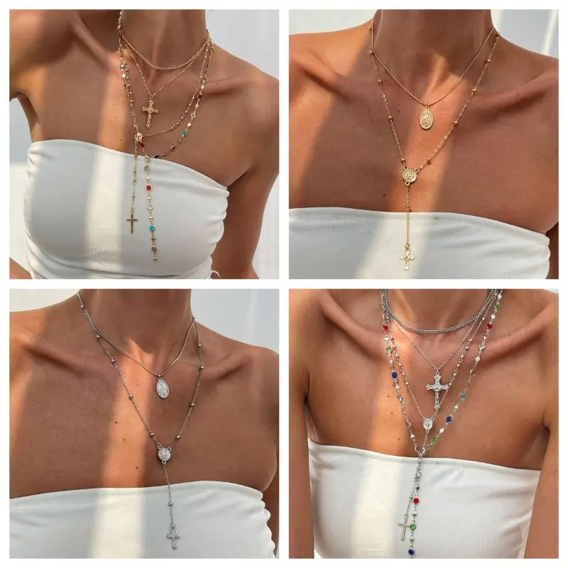 Deluxe Rhinestone Cross Pendant Necklace; Long, Hip-hop Inspired Accessory for Women and Girls in Vibrant Vintage Colors
