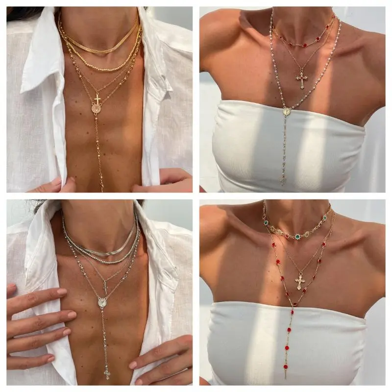 Deluxe Rhinestone Cross Pendant Necklace; Long, Hip-hop Inspired Accessory for Women and Girls in Vibrant Vintage Colors