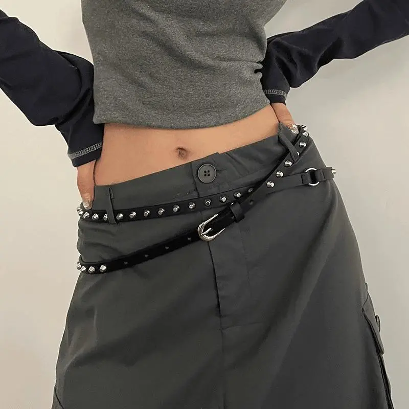 Versatile Women's Solid Black Double Circle Belt in PU Leather for Dress & Jeans Adornment