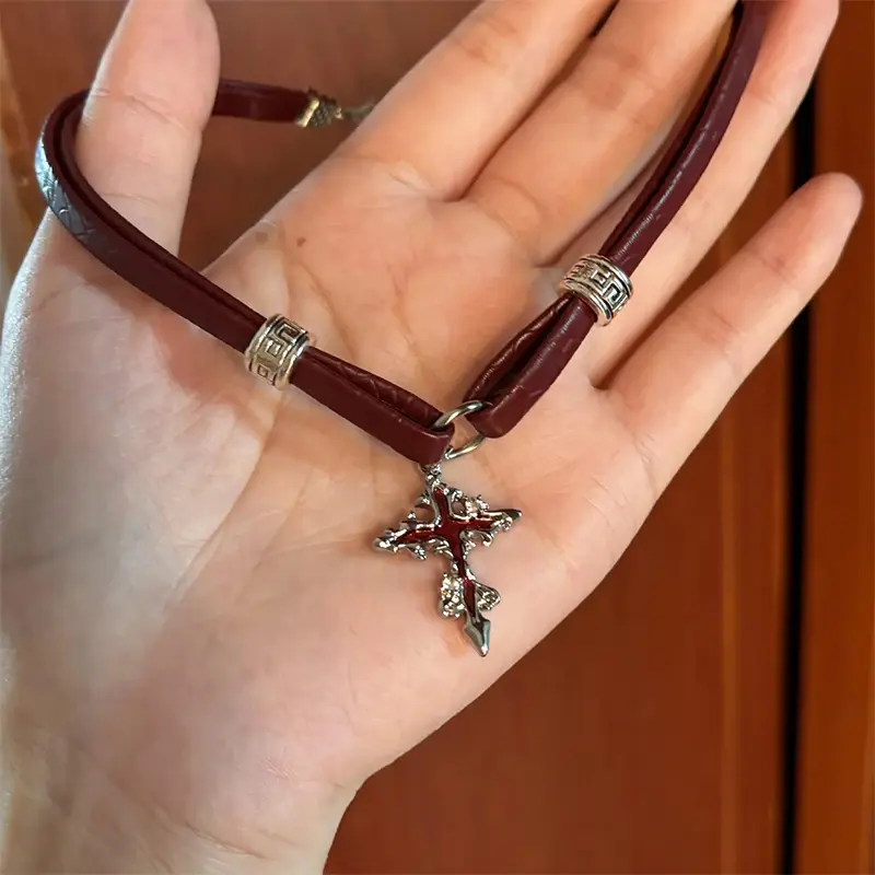 Hot Girl Style Wine Red Leather Cross Choker Collarbone Chain Whitening Necklace