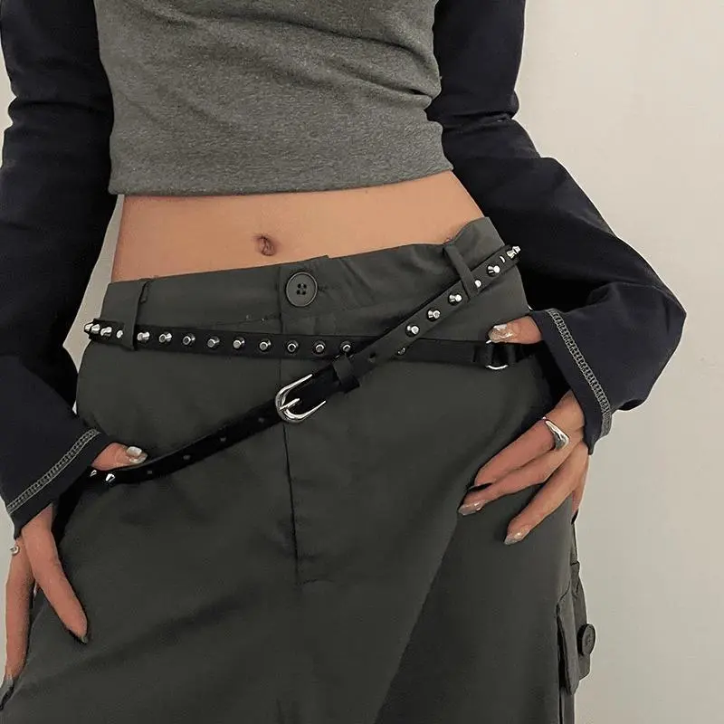Versatile Women's Solid Black Double Circle Belt in PU Leather for Dress & Jeans Adornment