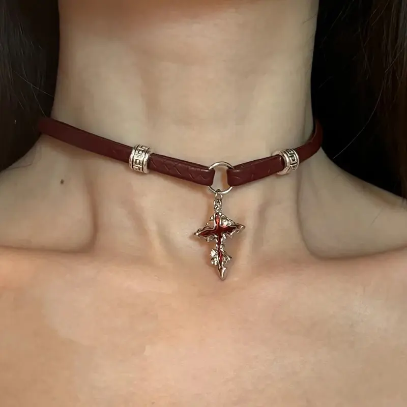 Hot Girl Style Wine Red Leather Cross Choker Collarbone Chain Whitening Necklace