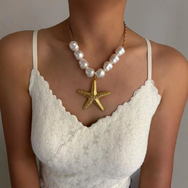 1/2Pc Bizarre Punk Starfish Irregular Round Pendant; Artificial Baroque Pearl Choker Chain for Women, Ideal Jewelry for Beach
