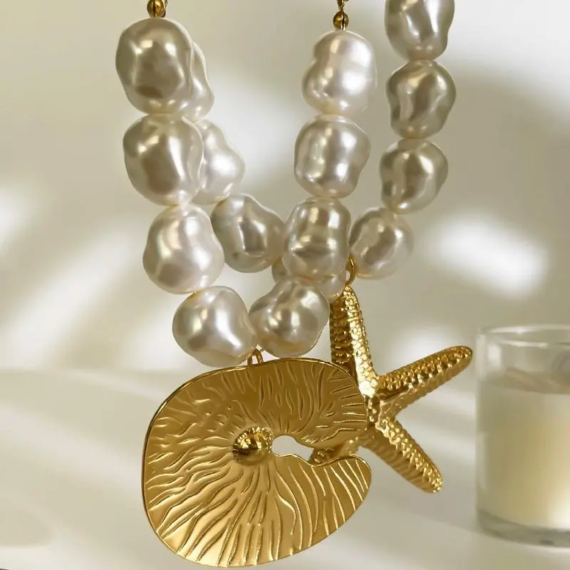 1/2Pc Bizarre Punk Starfish Irregular Round Pendant; Artificial Baroque Pearl Choker Chain for Women, Ideal Jewelry for Beach
