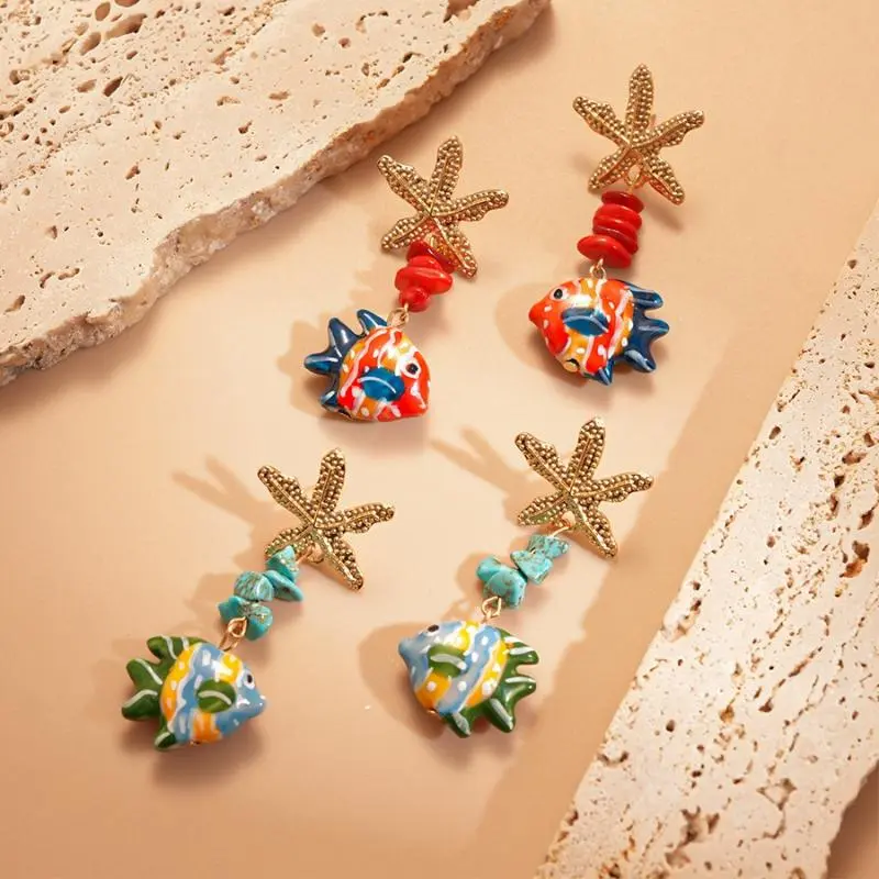 Funny Colored Glaze Cartoon Fish Irregular Red Blue Natural Stone Metal Star Hawaii Long Drop Earrings For Women Beach Jewelry