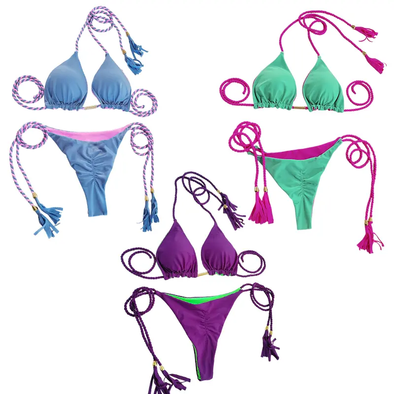 Stylish Contrast Colored Halter String Triangle Swimsuit for Summer