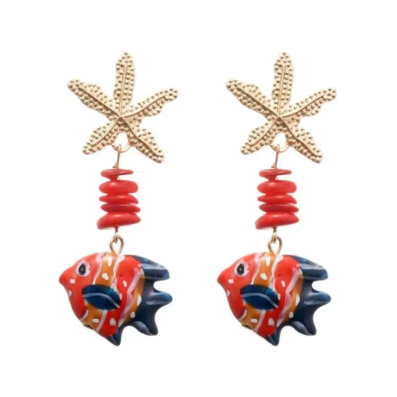 Funny Colored Glaze Cartoon Fish Irregular Red Blue Natural Stone Metal Star Hawaii Long Drop Earrings For Women Beach Jewelry