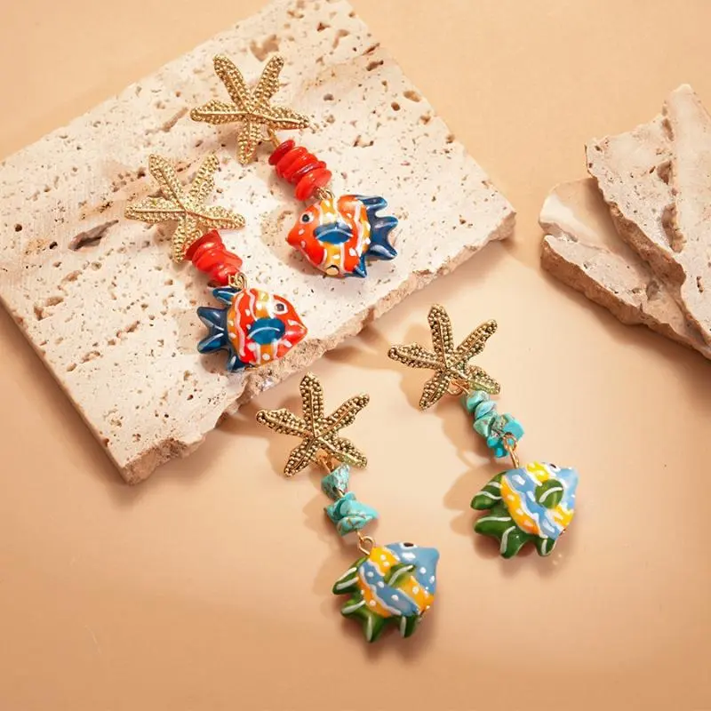 Funny Colored Glaze Cartoon Fish Irregular Red Blue Natural Stone Metal Star Hawaii Long Drop Earrings For Women Beach Jewelry