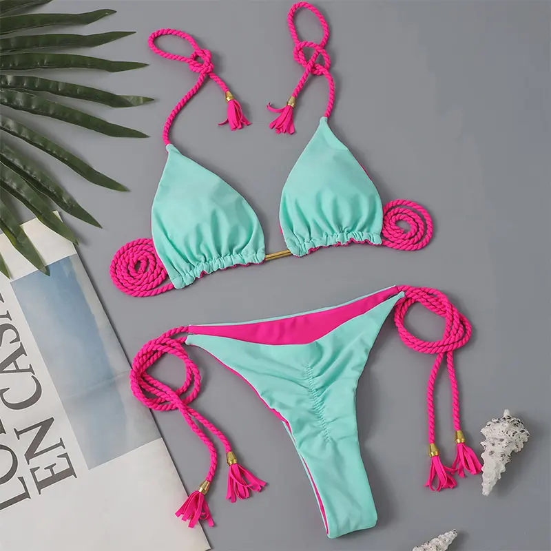 Stylish Contrast Colored Halter String Triangle Swimsuit for Summer