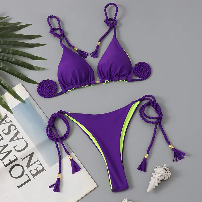 Stylish Contrast Colored Halter String Triangle Swimsuit for Summer
