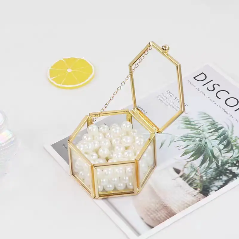 High-end Hexagonal Ring Box Gold And Jewelry Accessory Box Golden Glass Luxurious And Retro Jewelry Storage Box