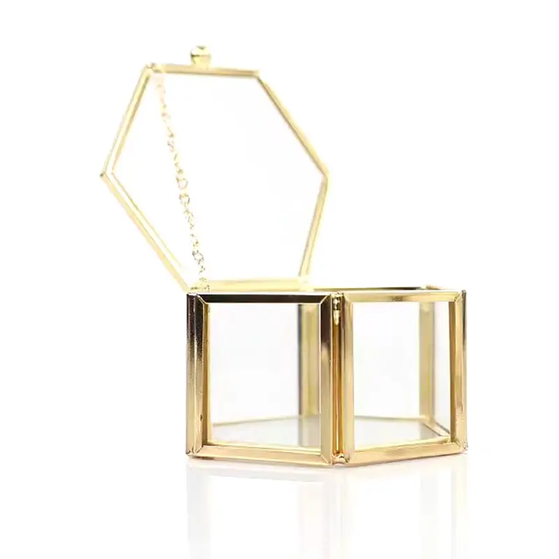 High-end Hexagonal Ring Box Gold And Jewelry Accessory Box Golden Glass Luxurious And Retro Jewelry Storage Box