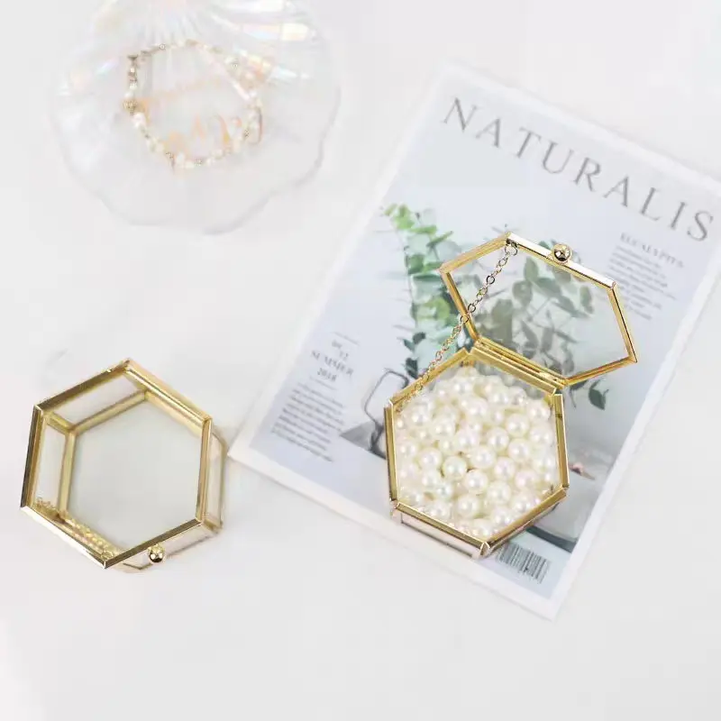 High-end Hexagonal Ring Box Gold And Jewelry Accessory Box Golden Glass Luxurious And Retro Jewelry Storage Box