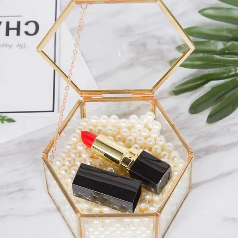 High-end Hexagonal Ring Box Gold And Jewelry Accessory Box Golden Glass Luxurious And Retro Jewelry Storage Box