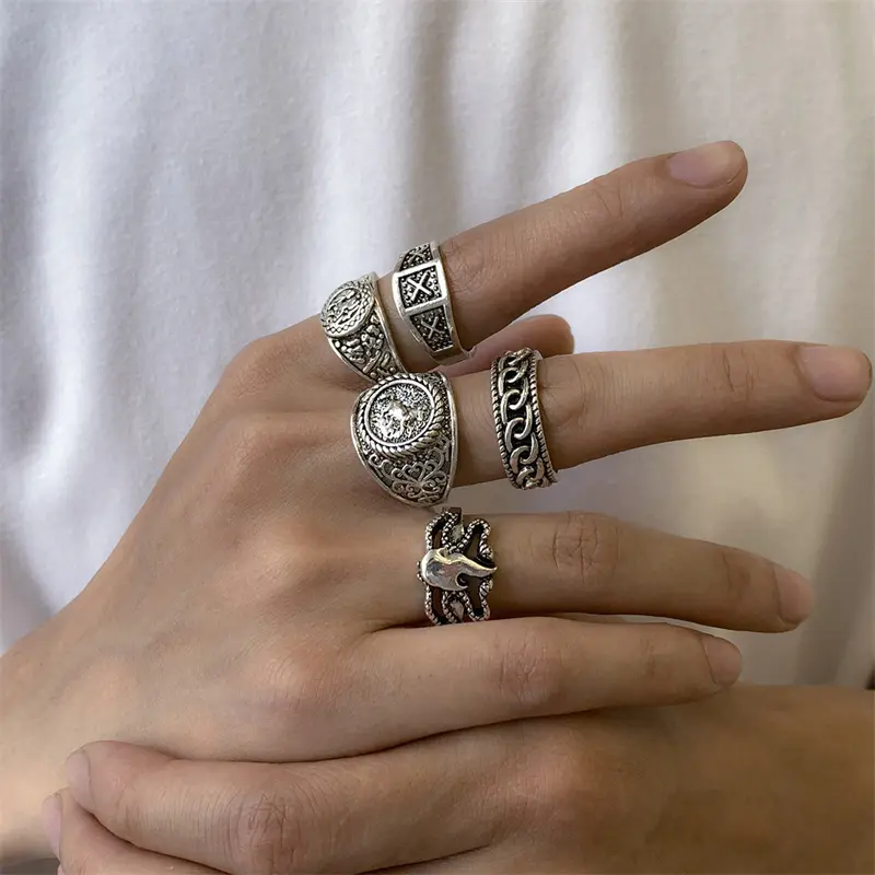 Vintage Geometric Totem Men's Ring Set - 5-Piece Cool Metal Rings For Men, Trendy Symbolic Design