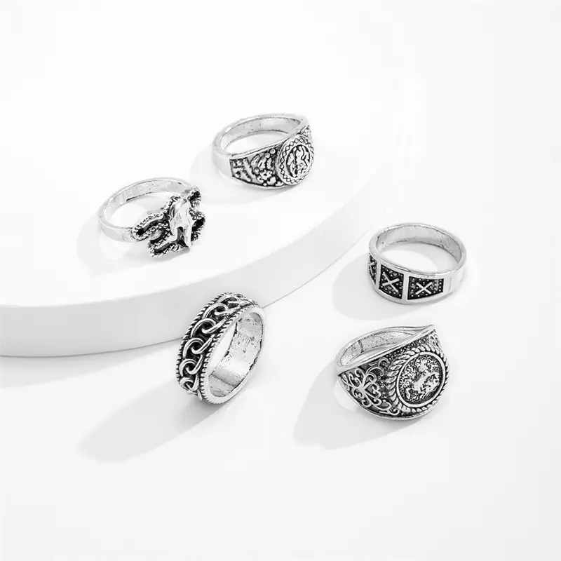 Vintage Geometric Totem Men's Ring Set - 5-Piece Cool Metal Rings For Men, Trendy Symbolic Design