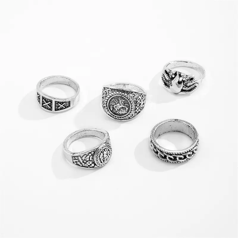 Vintage Geometric Totem Men's Ring Set - 5-Piece Cool Metal Rings For Men, Trendy Symbolic Design