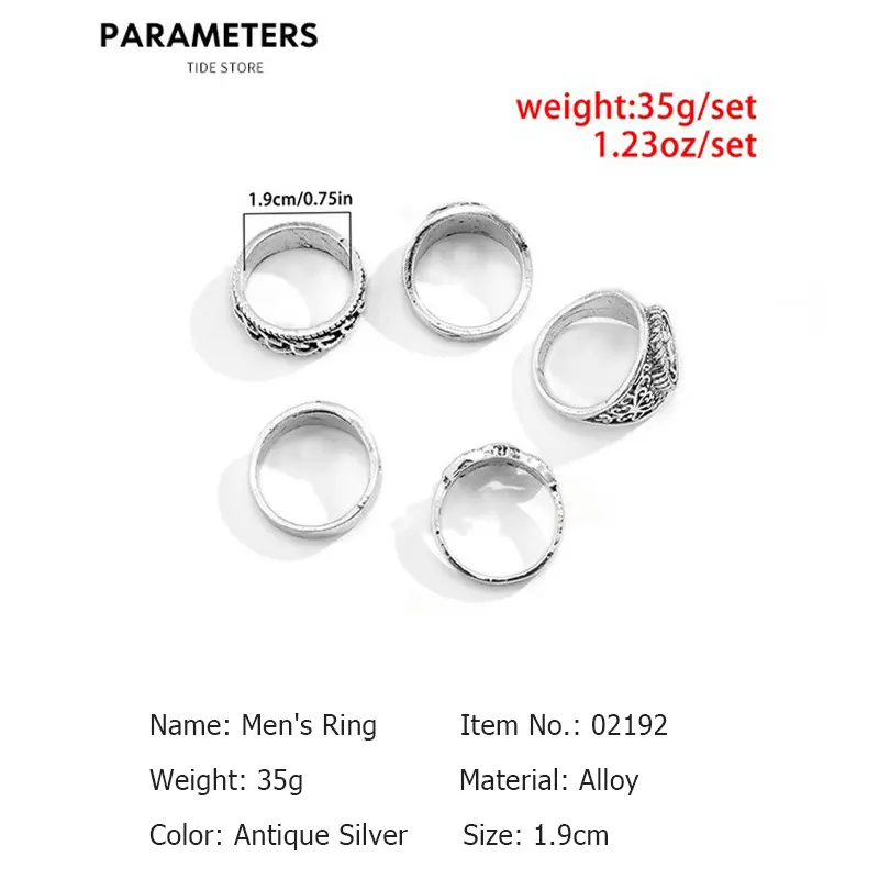 Vintage Geometric Totem Men's Ring Set - 5-Piece Cool Metal Rings For Men, Trendy Symbolic Design