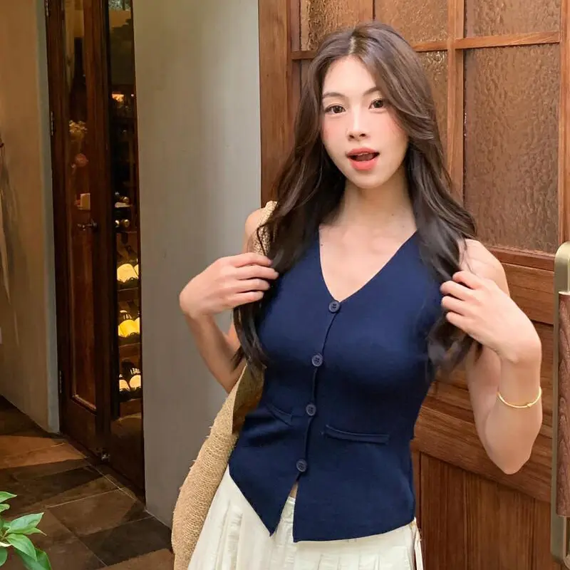 Fashion Slim Fit Double Pocket Elegant Sleeveless Vest Vest Tops Women