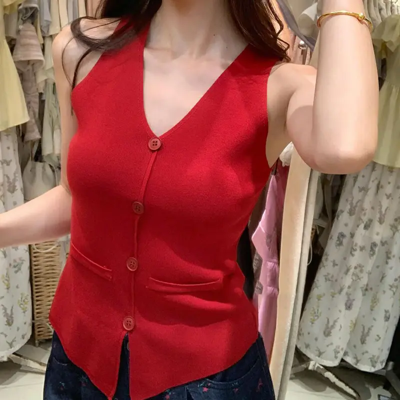 Fashion Slim Fit Double Pocket Elegant Sleeveless Vest Vest Tops Women