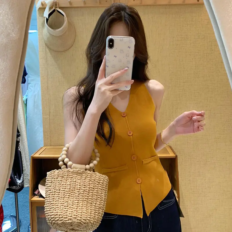 Fashion Slim Fit Double Pocket Elegant Sleeveless Vest Vest Tops Women