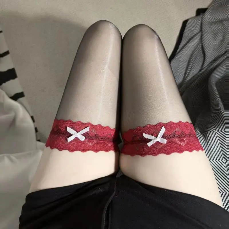 Lace Bow Ultra-Thin Oil Shine Stockings, Women's Summer Sexy Long Tube, High Elastic, Slim-Fit over Knee Socks.