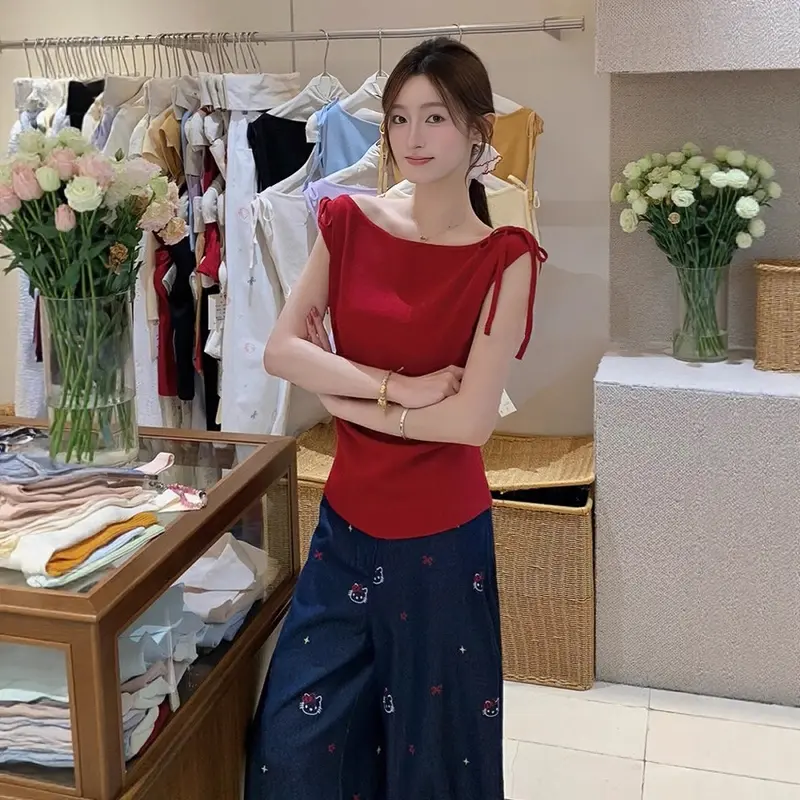 Fashion Casual Slim Fit Sweet One Shoulder Off Shoulder Knotted Knitted Short Sleeve T-Shirt For Women