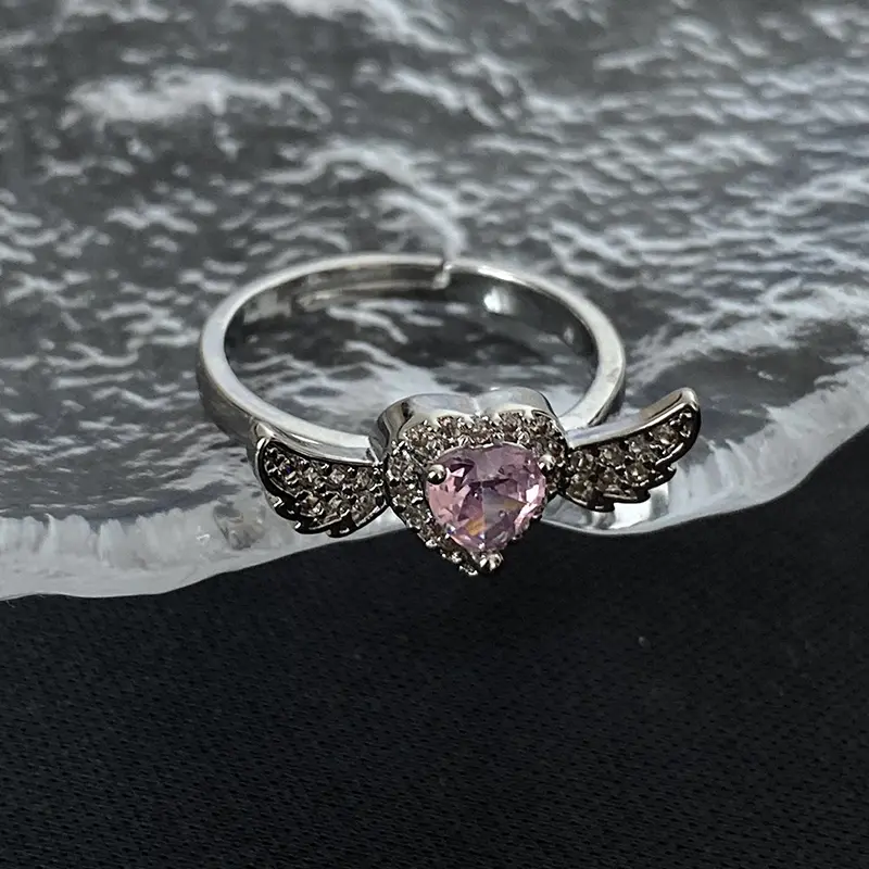Pink Diamond Heart Angel Wing Ring For Women Adjustable Open Ring Jewelry Unisex Accessories Gift