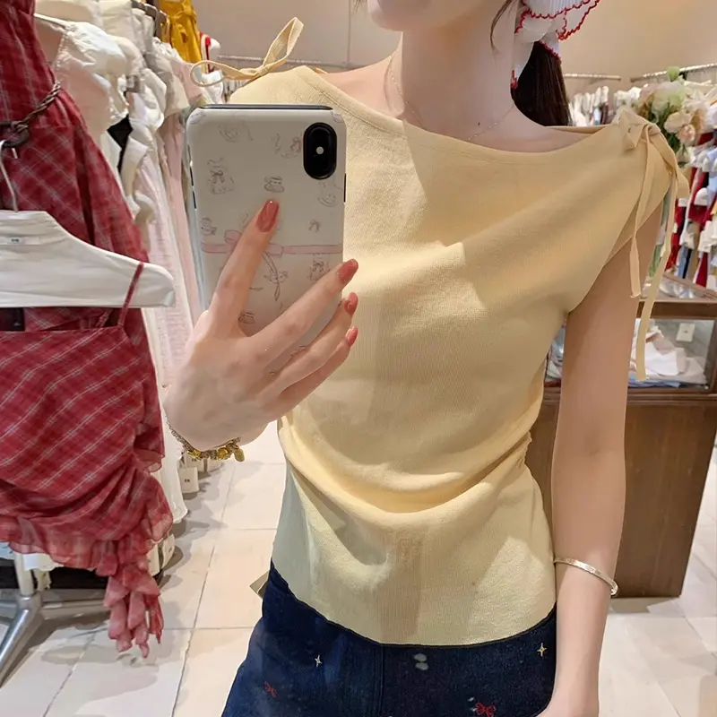 Fashion Casual Slim Fit Sweet One Shoulder Off Shoulder Knotted Knitted Short Sleeve T-Shirt For Women
