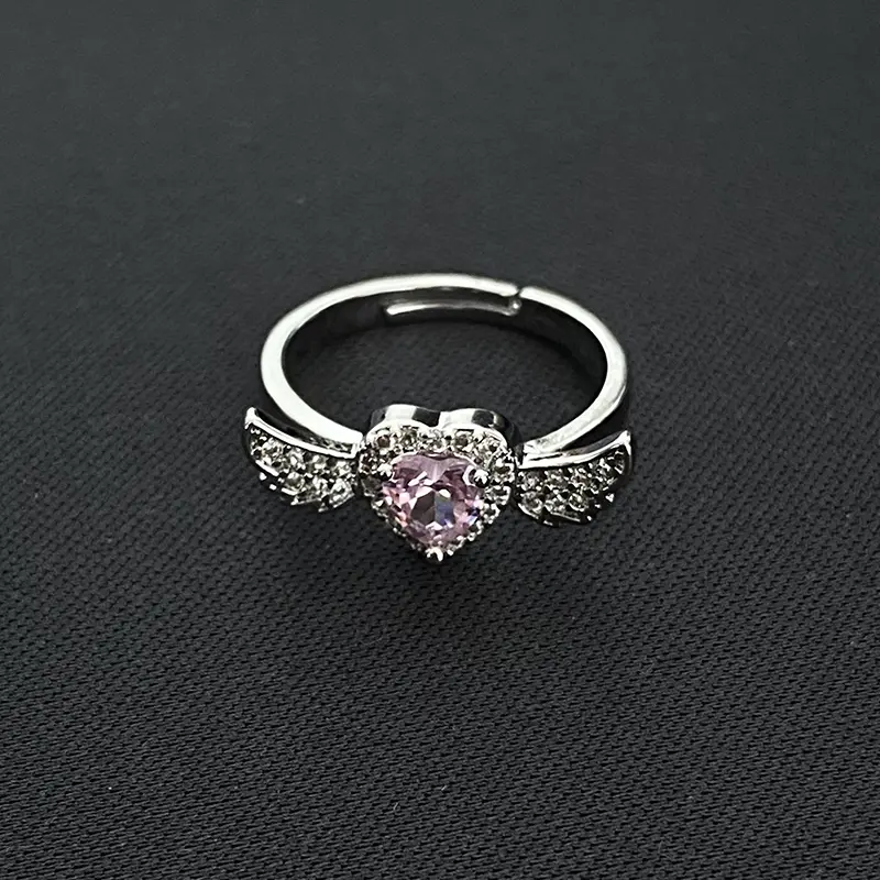 Pink Diamond Heart Angel Wing Ring For Women Adjustable Open Ring Jewelry Unisex Accessories Gift