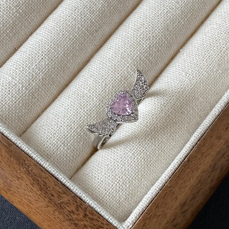 Pink Diamond Heart Angel Wing Ring For Women Adjustable Open Ring Jewelry Unisex Accessories Gift